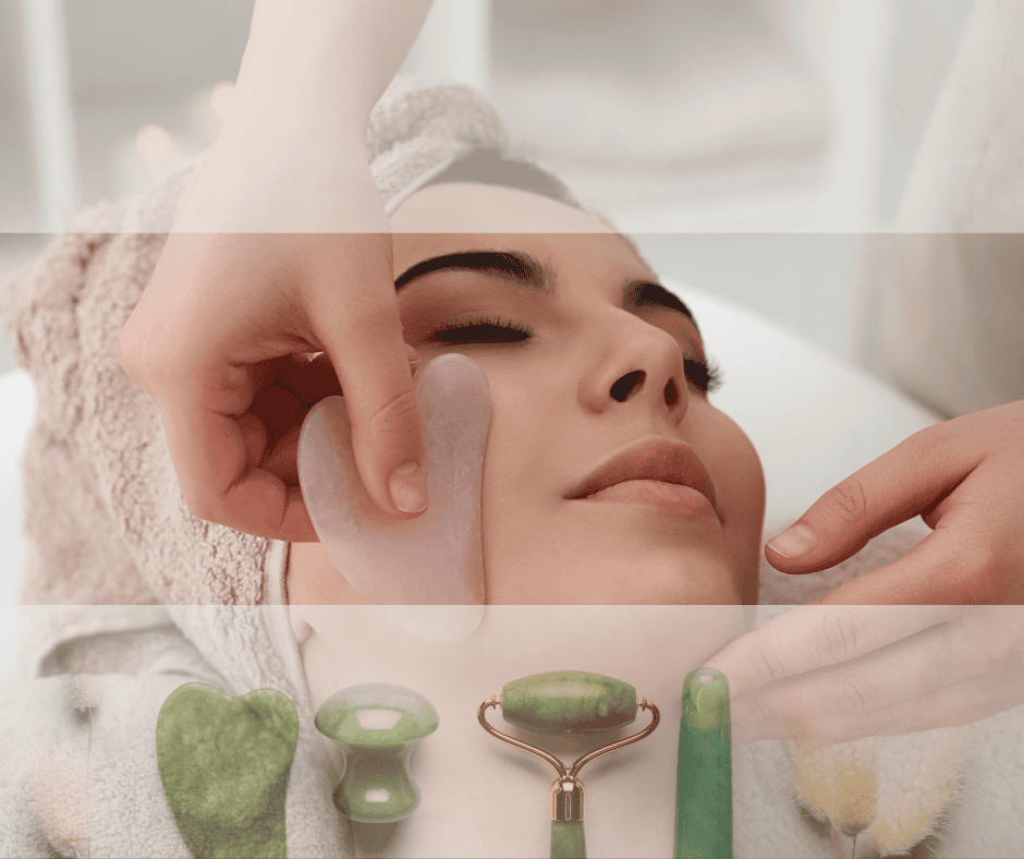 Gentle face massage using jade rollers at Salon 2 Go for facial relaxation and skincare.