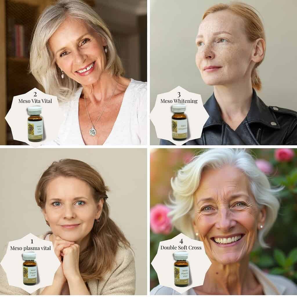 Gezichten van tevreden vrouwen met supplementen voor huidverbetering.